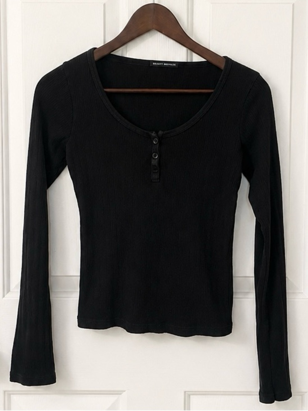Brandy Melville Black Ribbed Long-Sleeve Henley Top